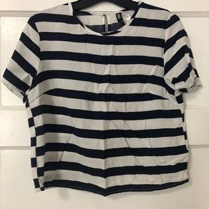 Divided Navy Blue and White Striped Cropped Shirt